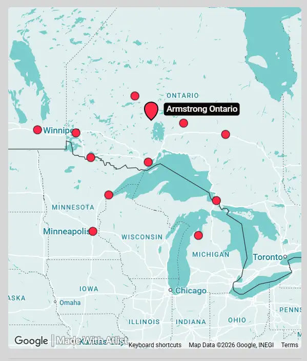 Static preview map showing charter flight routes to Armstrong, Ontario